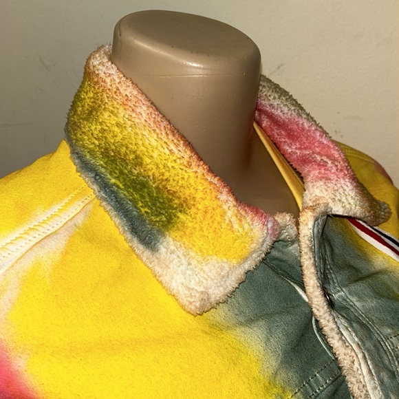Glory Denim Trucker Jacket Tie Dye  sherpa lined fray hem stretch Size 2X Large - Picture 12 of 17